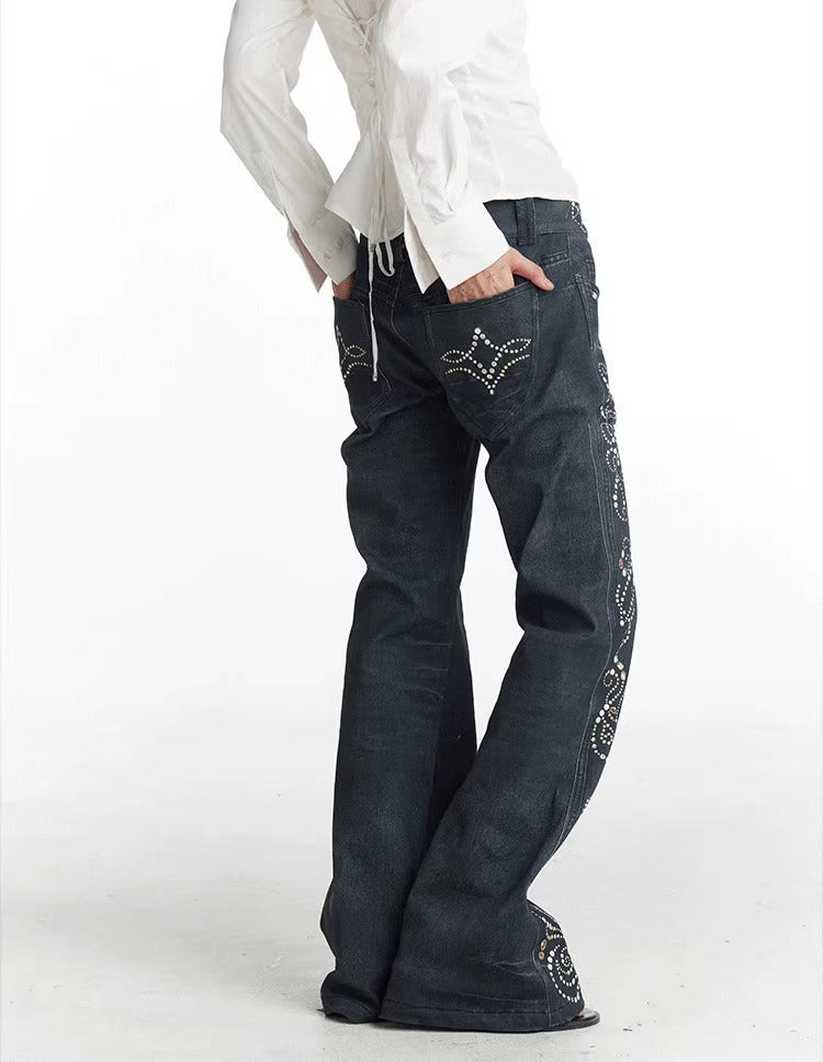 Vintage Gem Floral Print Flared Faux Denim Pants [ID:0540PA]