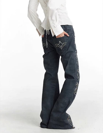 Vintage Gem Floral Print Flared Faux Denim Pants [ID:0540PA]