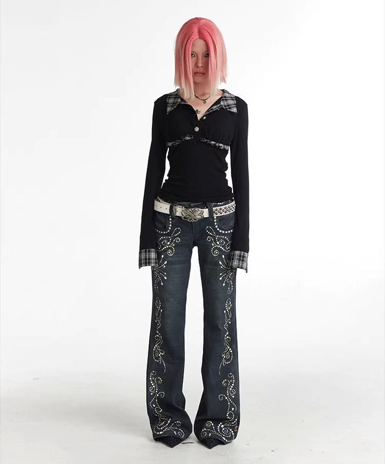 Vintage Gem Floral Print Flared Faux Denim Pants [ID:0540PA]