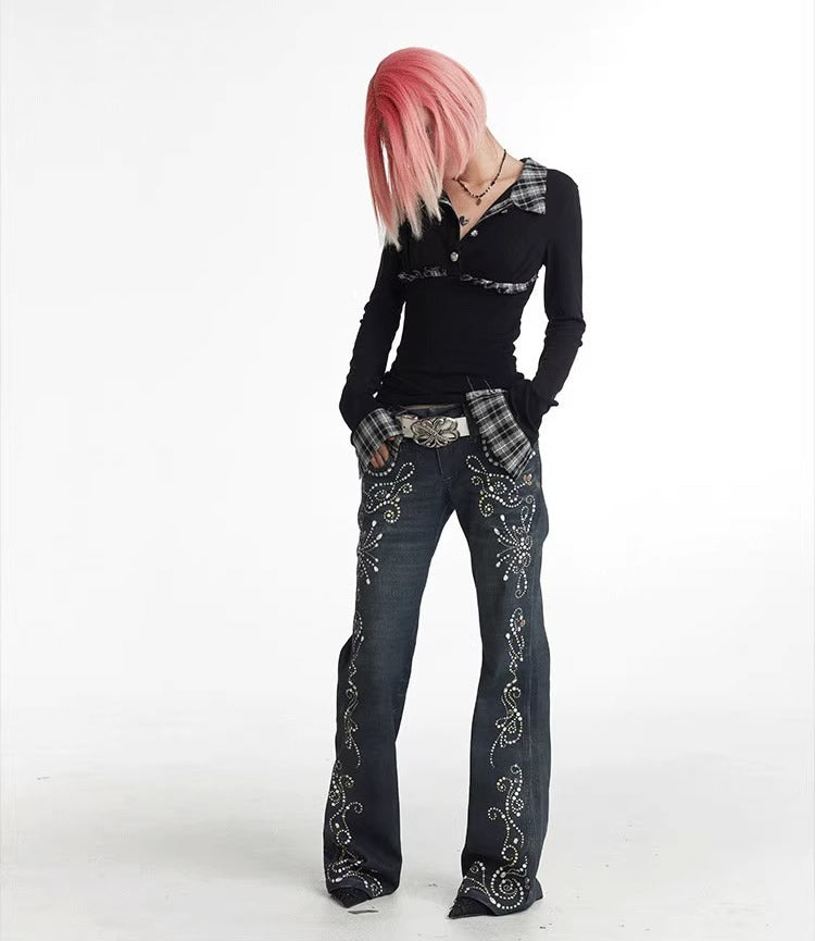 Vintage Gem Floral Print Flared Faux Denim Pants [ID:0540PA]