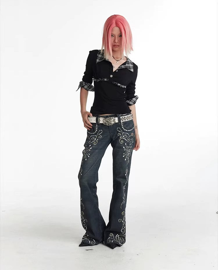 Vintage Gem Floral Print Flared Faux Denim Pants [ID:0540PA]