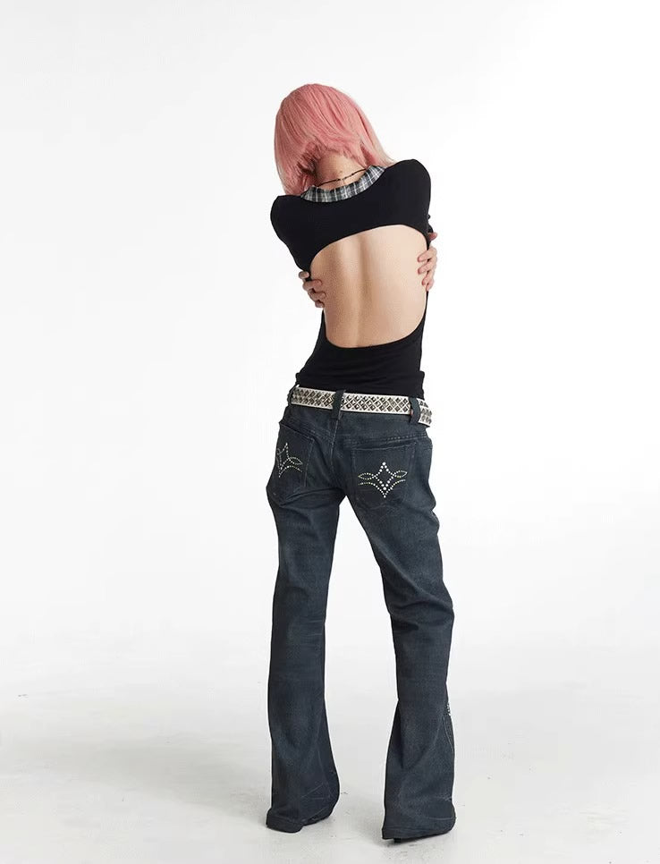 Vintage Gem Floral Print Flared Faux Denim Pants [ID:0540PA]