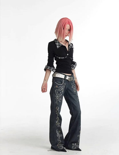 Vintage Gem Floral Print Flared Faux Denim Pants [ID:0540PA]