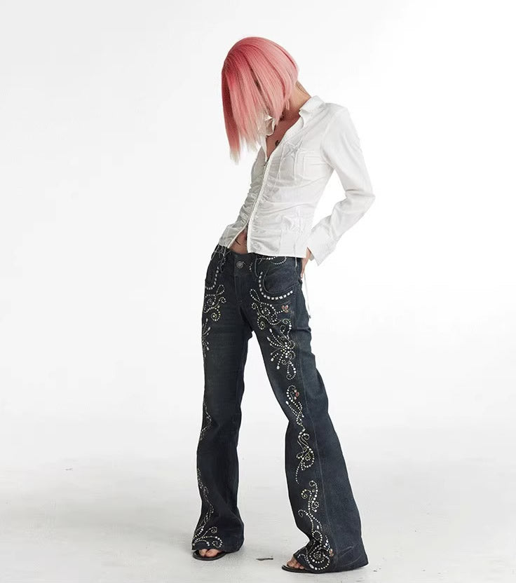 Vintage Gem Floral Print Flared Faux Denim Pants [ID:0540PA]