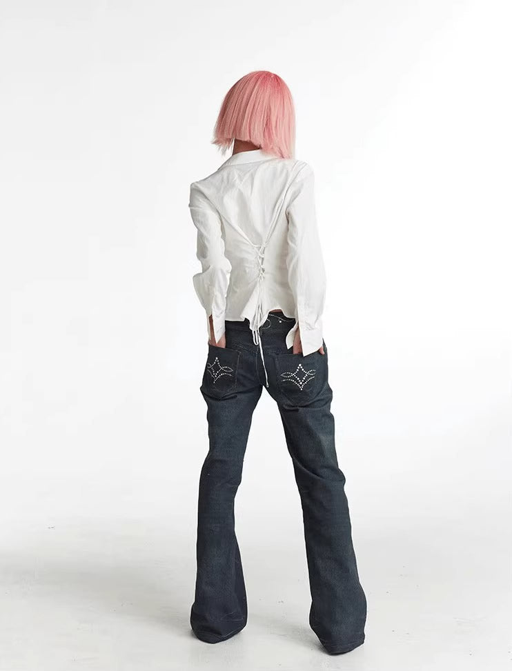 Vintage Gem Floral Print Flared Faux Denim Pants [ID:0540PA]