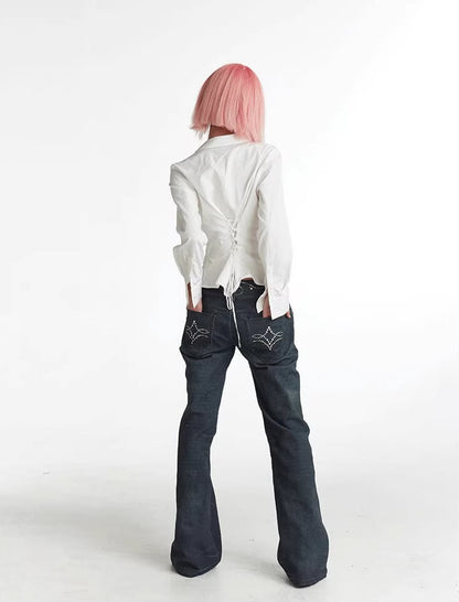 Vintage Gem Floral Print Flared Faux Denim Pants [ID:0540PA]