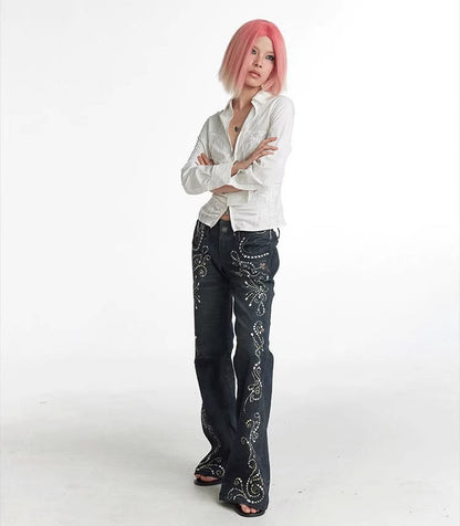 Vintage Gem Floral Print Flared Faux Denim Pants [ID:0540PA]