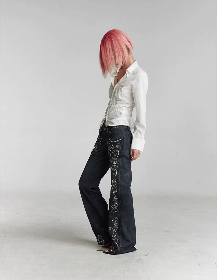 Vintage Gem Floral Print Flared Faux Denim Pants [ID:0540PA]