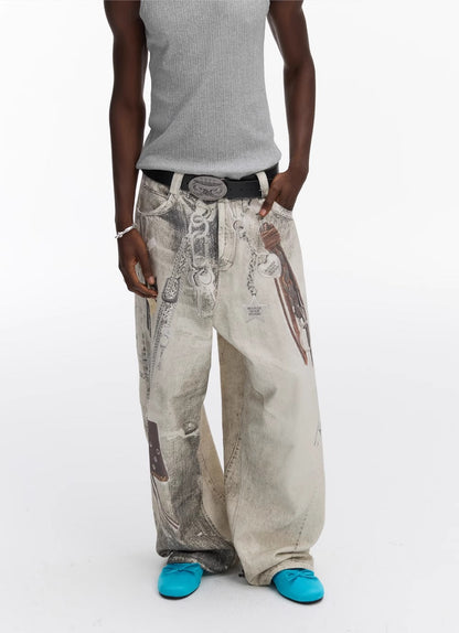 Washed Vintage Chain Print Loose Wide Leg Denim Pants [ID:0541PA]