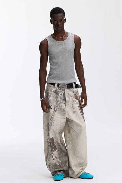 Washed Vintage Chain Print Loose Wide Leg Denim Pants [ID:0541PA]