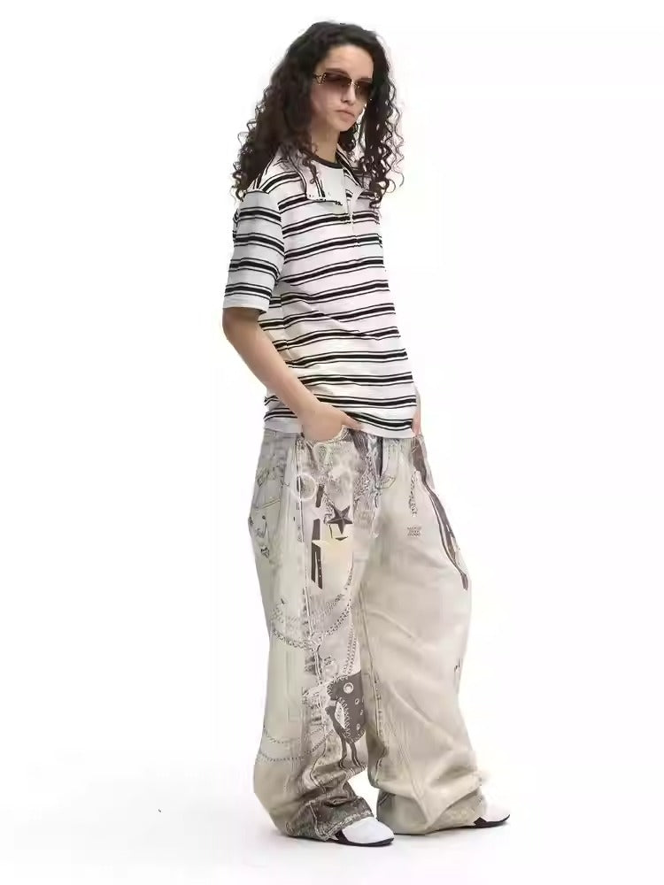 Washed Vintage Chain Print Loose Wide Leg Denim Pants [ID:0541PA]