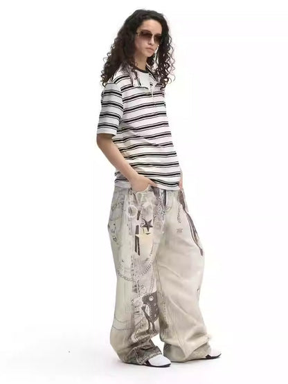 Washed Vintage Chain Print Loose Wide Leg Denim Pants [ID:0541PA]