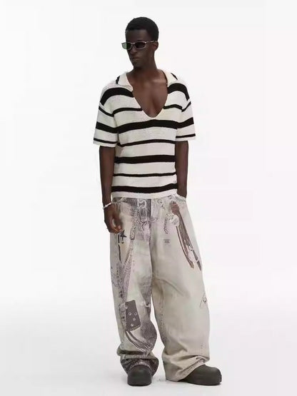 Washed Vintage Chain Print Loose Wide Leg Denim Pants [ID:0541PA]