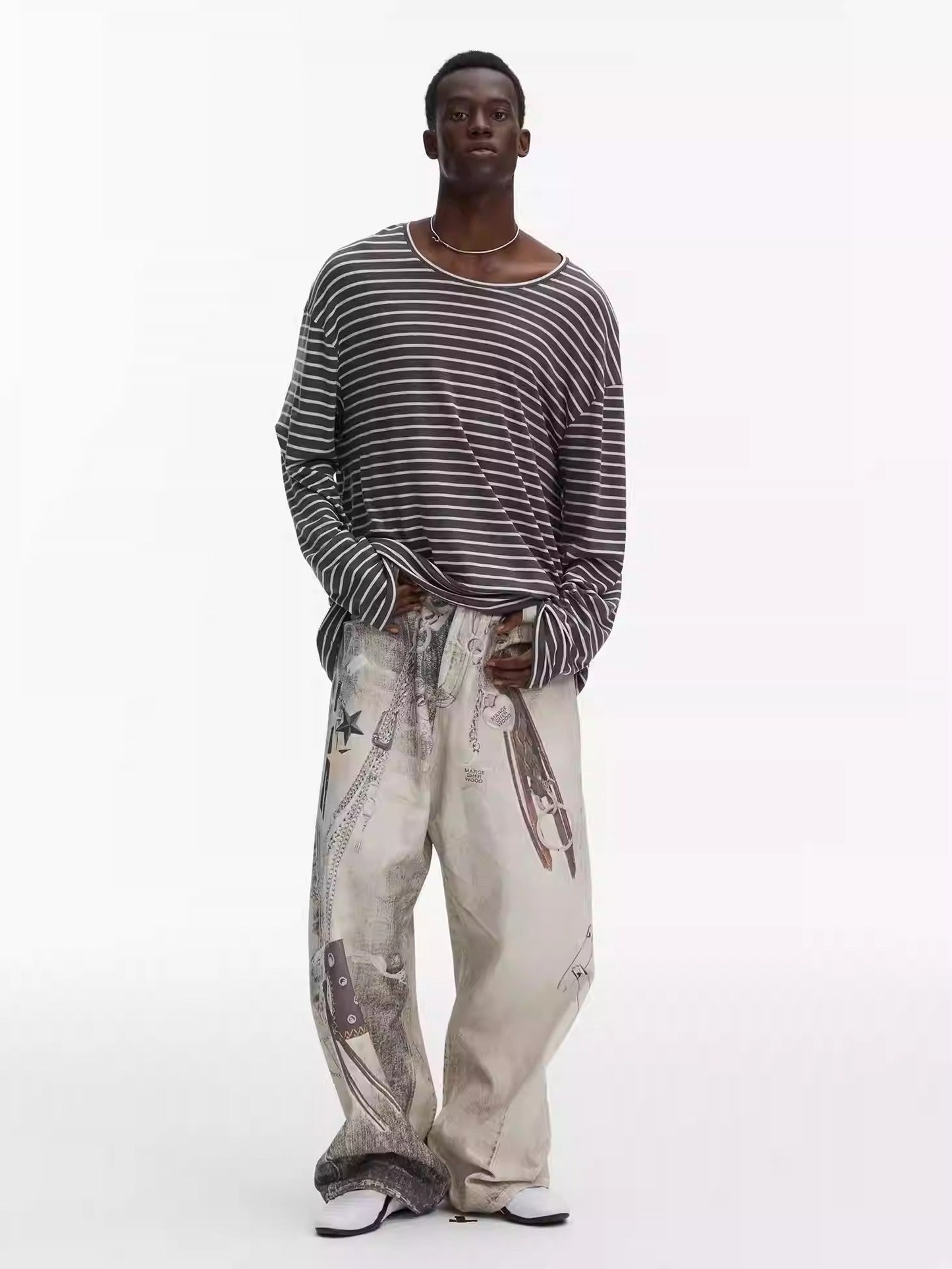 Washed Vintage Chain Print Loose Wide Leg Denim Pants [ID:0541PA]