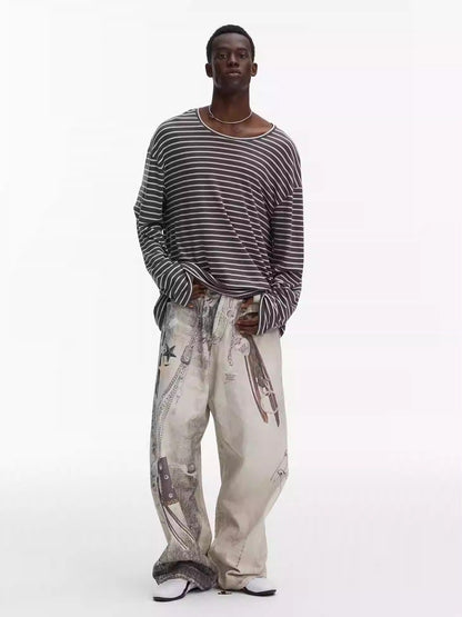 Washed Vintage Chain Print Loose Wide Leg Denim Pants [ID:0541PA]