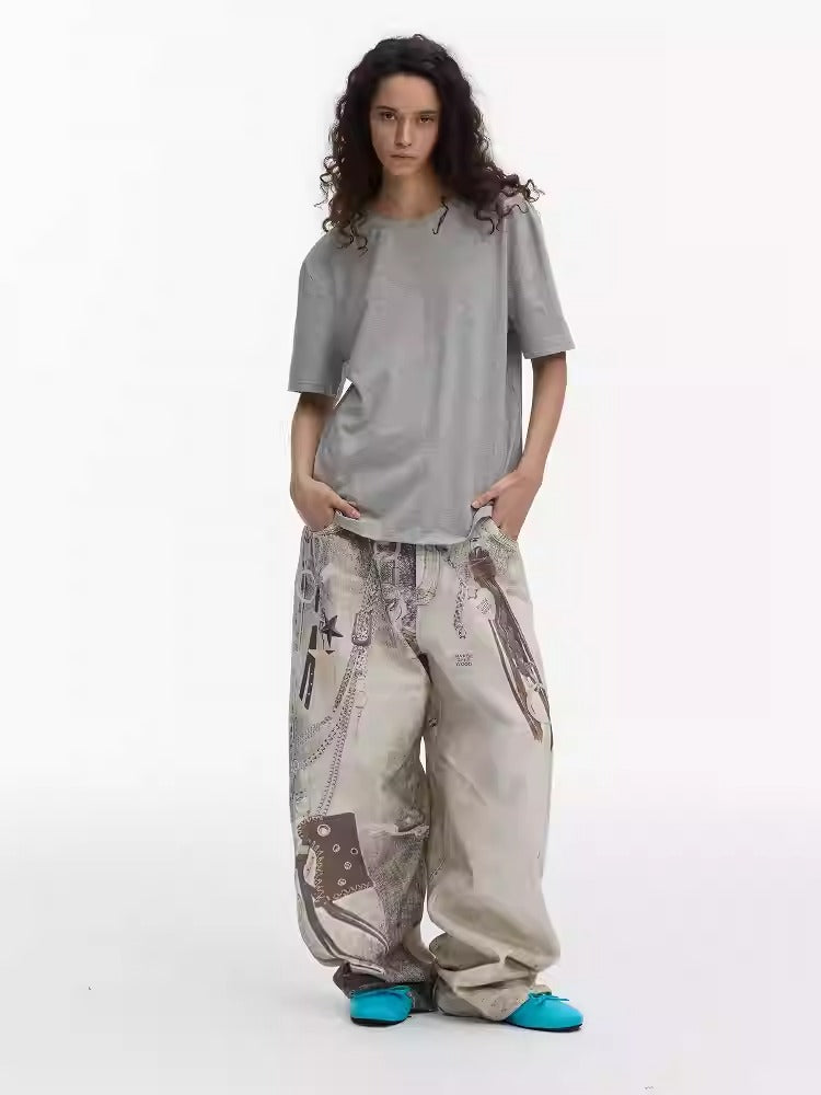Washed Vintage Chain Print Loose Wide Leg Denim Pants [ID:0541PA]