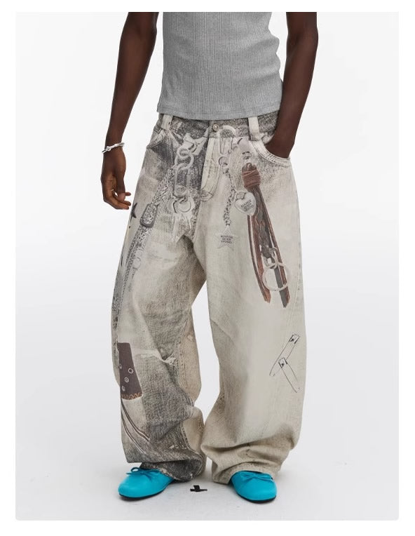 Washed Vintage Chain Print Loose Wide Leg Denim Pants [ID:0541PA]