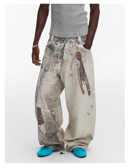Washed Vintage Chain Print Loose Wide Leg Denim Pants [ID:0541PA]