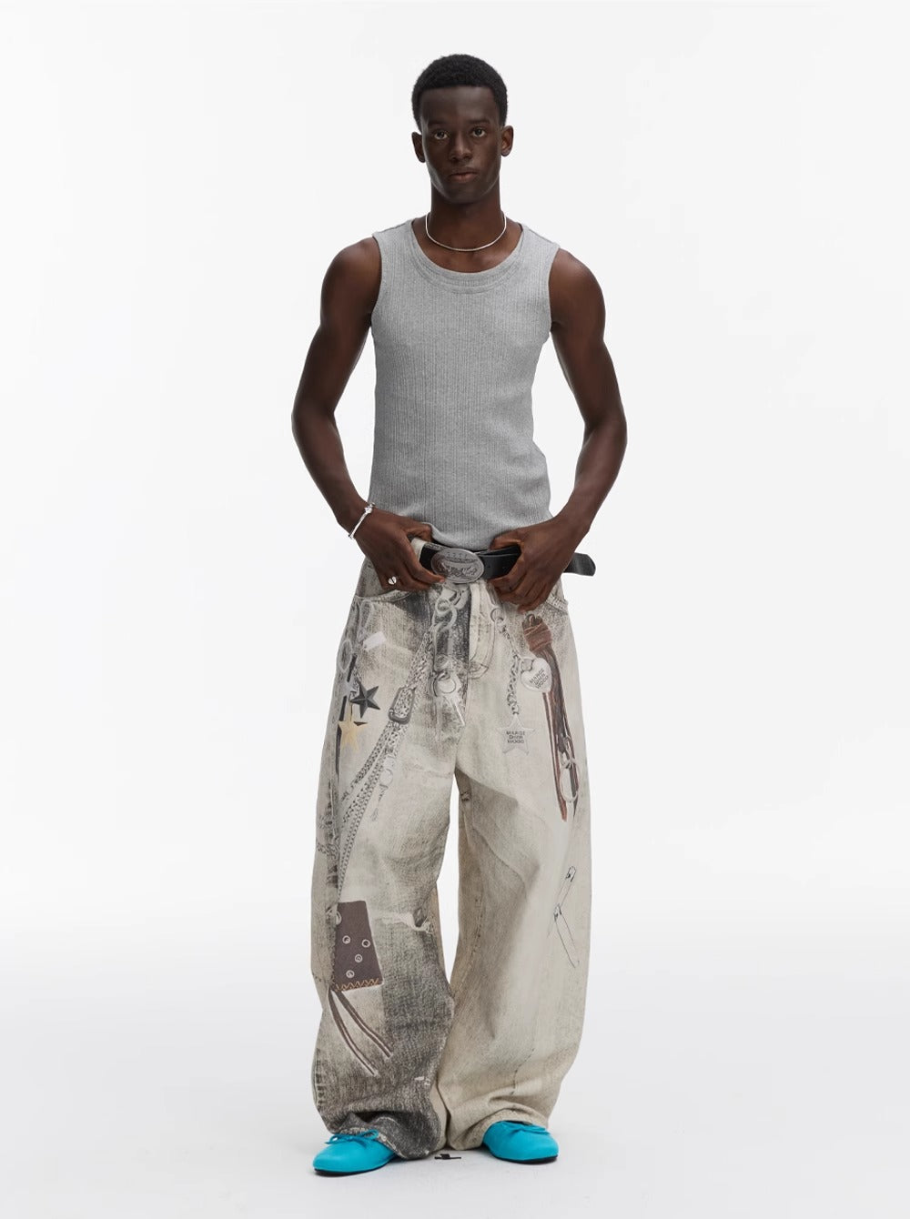 Washed Vintage Chain Print Loose Wide Leg Denim Pants [ID:0541PA]