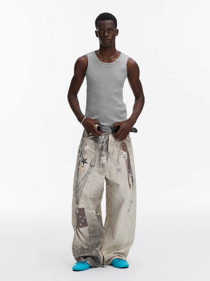 Washed Vintage Chain Print Loose Wide Leg Denim Pants [ID:0541PA]