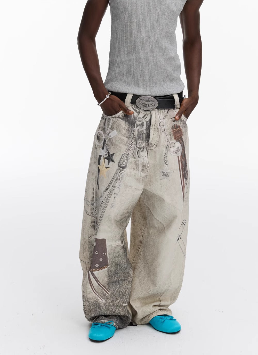 Washed Vintage Chain Print Loose Wide Leg Denim Pants [ID:0541PA]