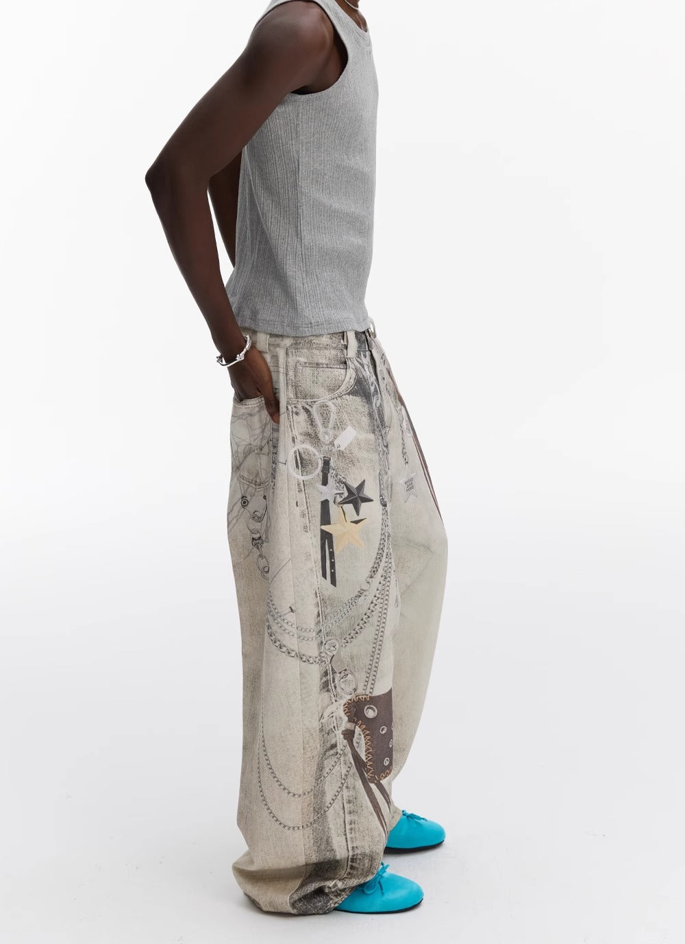 Washed Vintage Chain Print Loose Wide Leg Denim Pants [ID:0541PA]