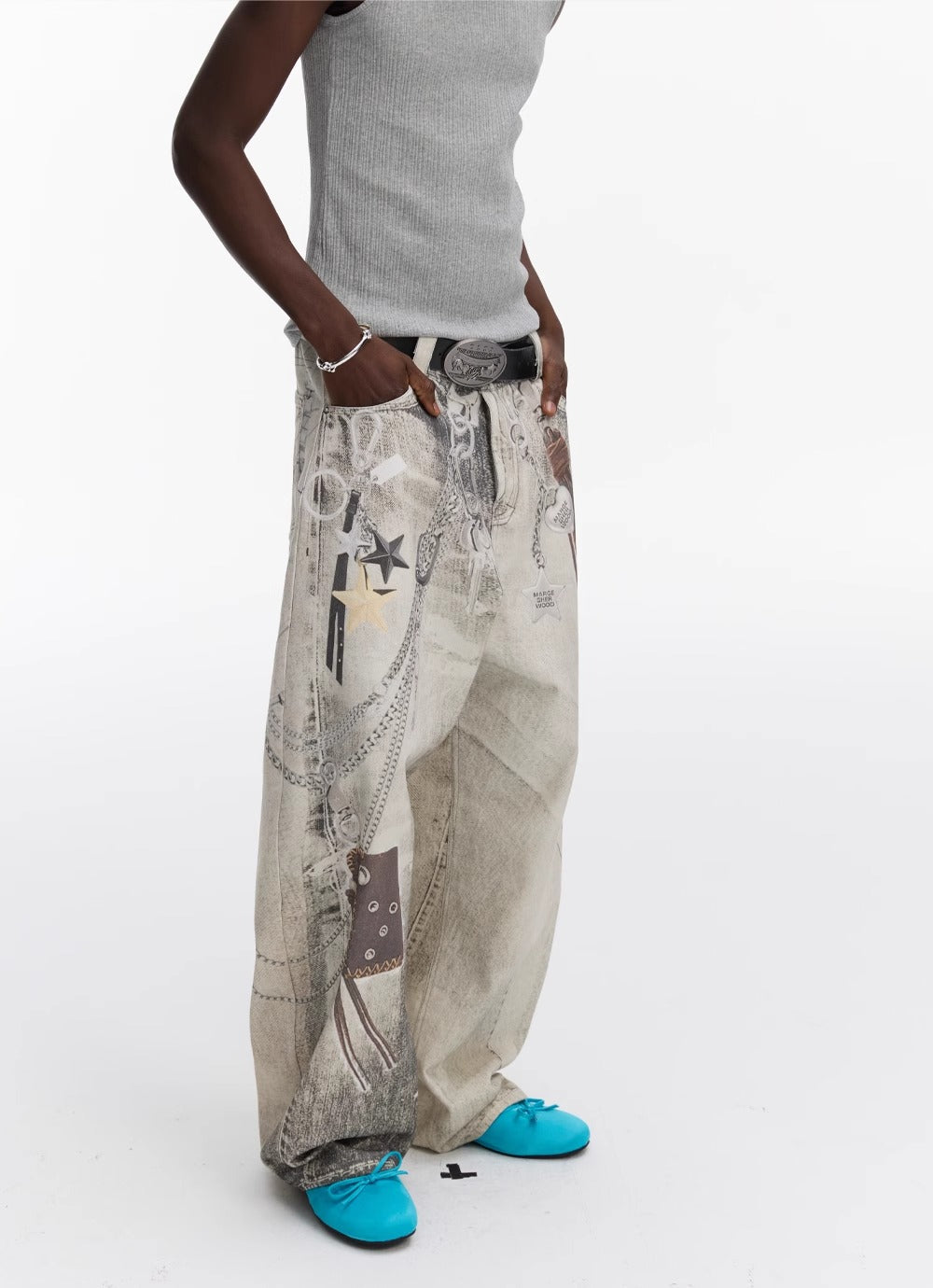 Washed Vintage Chain Print Loose Wide Leg Denim Pants [ID:0541PA]