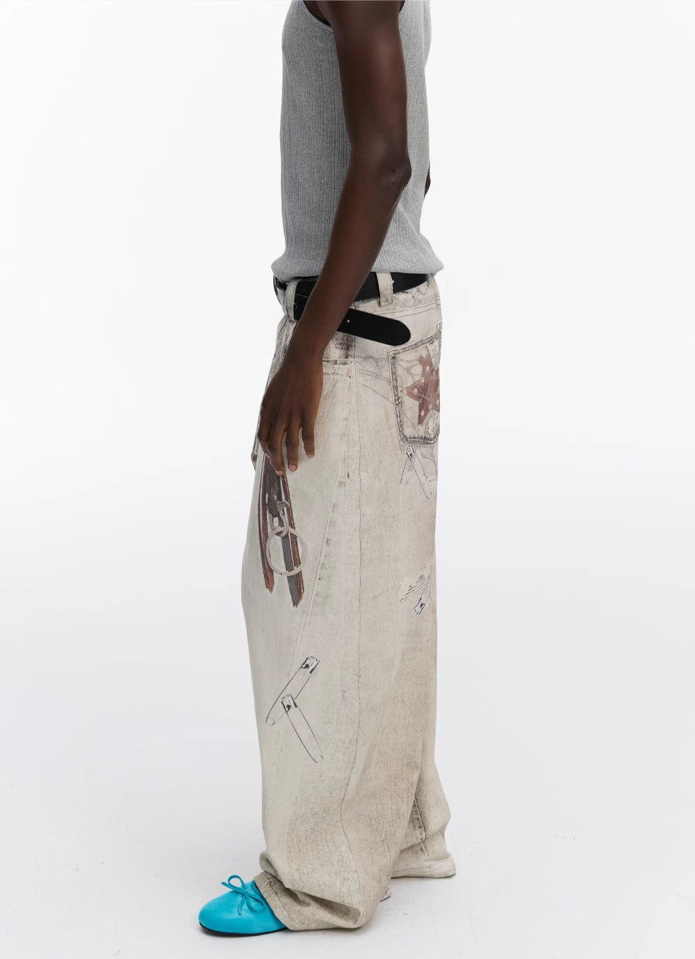 Washed Vintage Chain Print Loose Wide Leg Denim Pants [ID:0541PA]