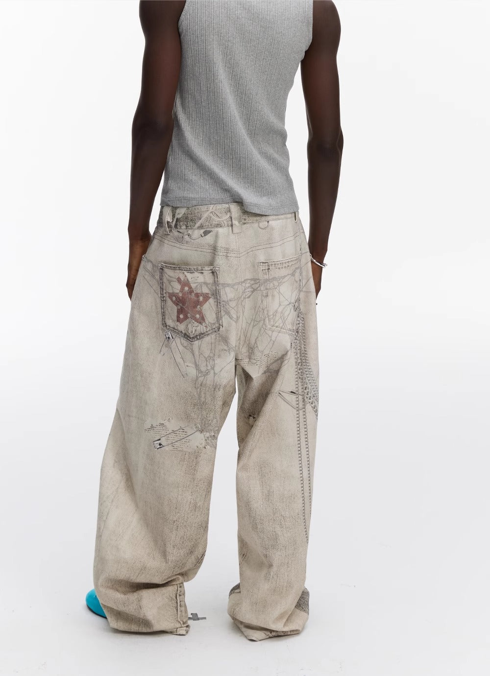 Washed Vintage Chain Print Loose Wide Leg Denim Pants [ID:0541PA]