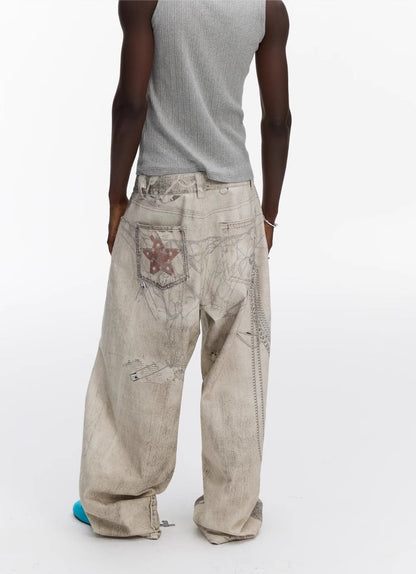 Washed Vintage Chain Print Loose Wide Leg Denim Pants [ID:0541PA]