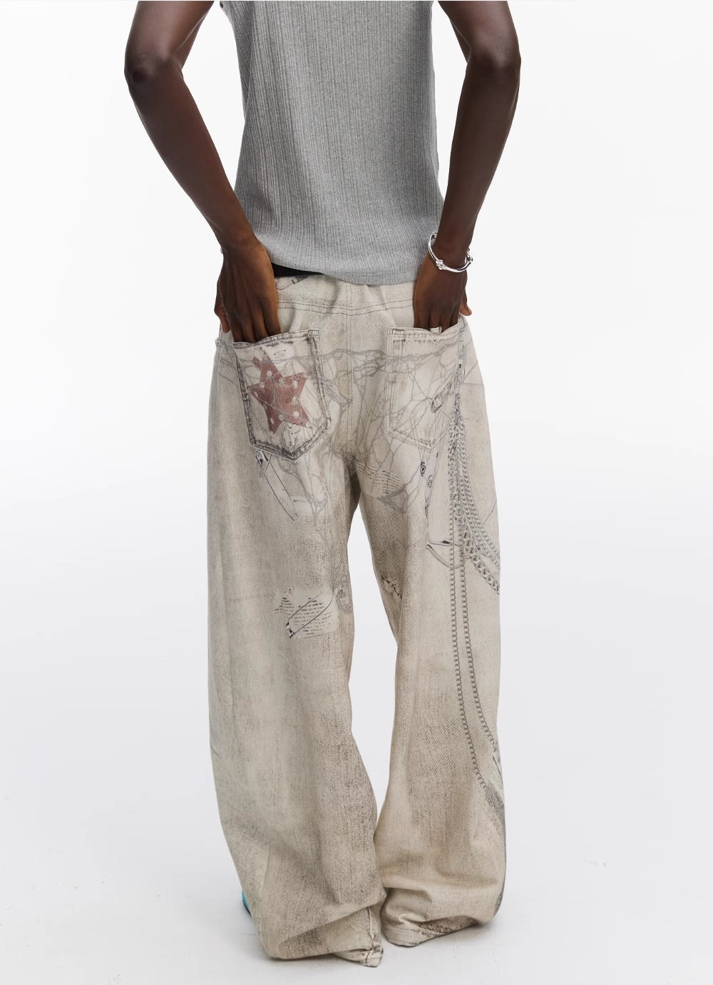 Washed Vintage Chain Print Loose Wide Leg Denim Pants [ID:0541PA]