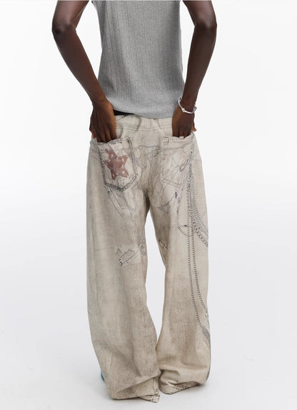 Washed Vintage Chain Print Loose Wide Leg Denim Pants [ID:0541PA]