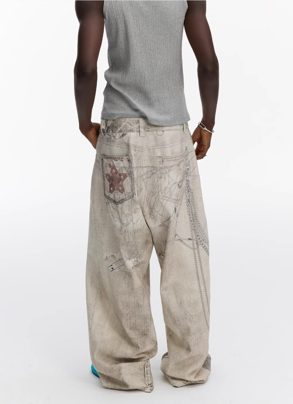 Washed Vintage Chain Print Loose Wide Leg Denim Pants [ID:0541PA]
