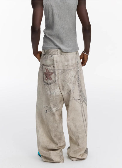 Washed Vintage Chain Print Loose Wide Leg Denim Pants [ID:0541PA]