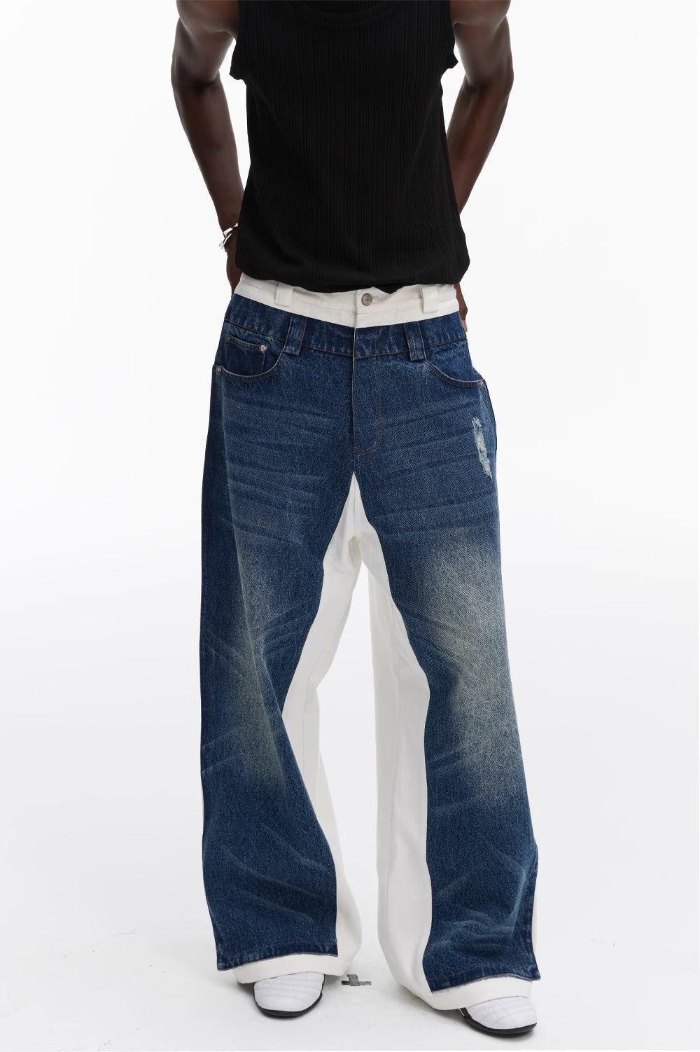 Double Layer Blue Denim Spliced White Loose Straight Pants [ID:0542PA]