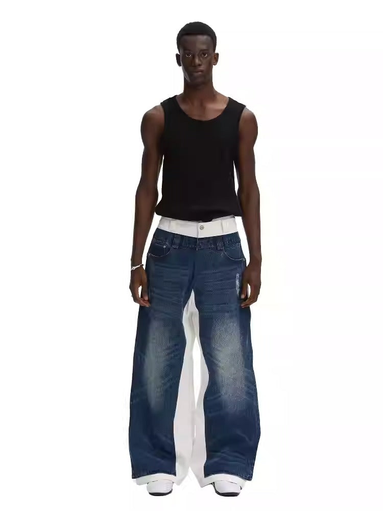 Double Layer Blue Denim Spliced White Loose Straight Pants [ID:0542PA]