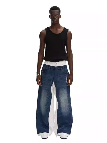 Double Layer Blue Denim Spliced White Loose Straight Pants [ID:0542PA]