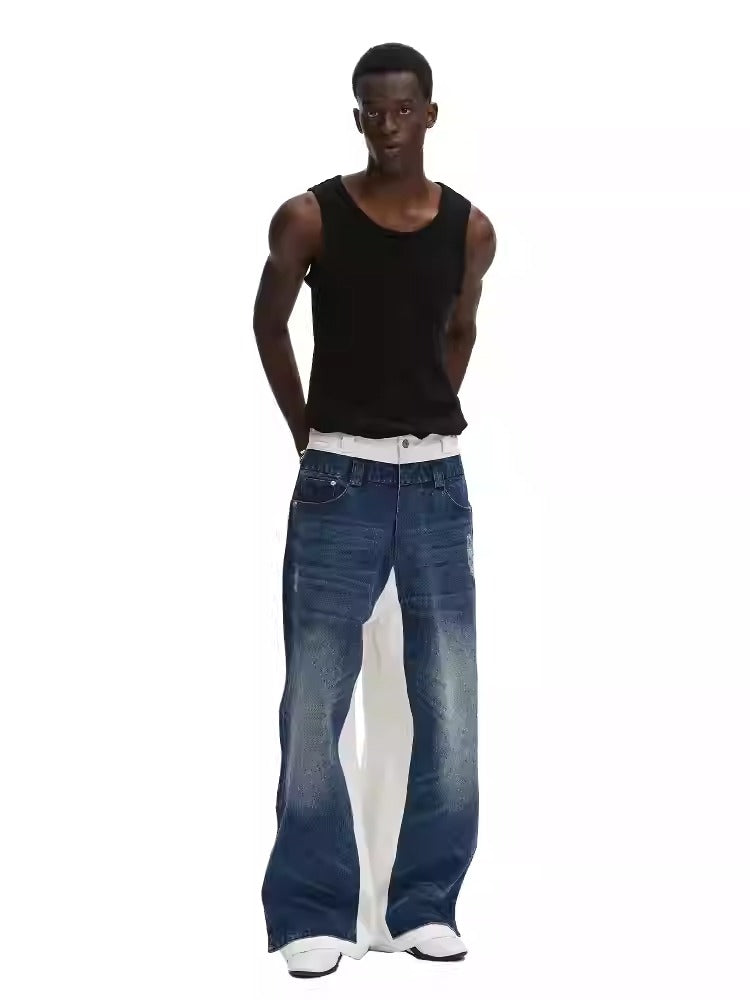 Double Layer Blue Denim Spliced White Loose Straight Pants [ID:0542PA]