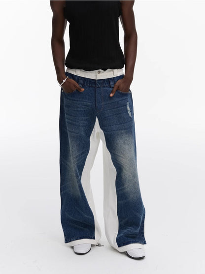 Double Layer Blue Denim Spliced White Loose Straight Pants [ID:0542PA]