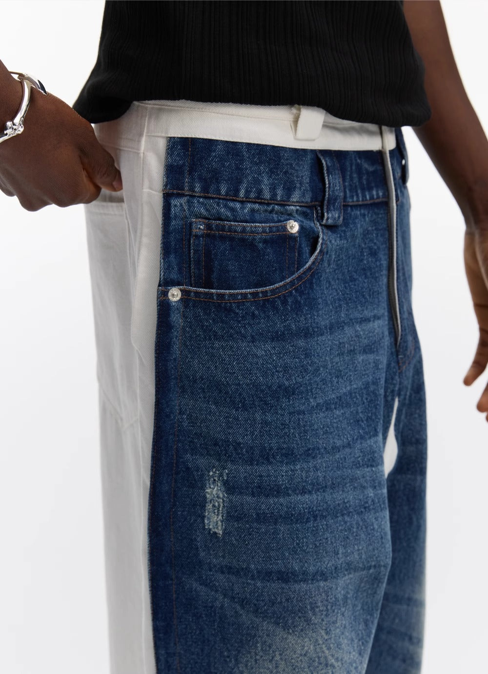 Double Layer Blue Denim Spliced White Loose Straight Pants [ID:0542PA]