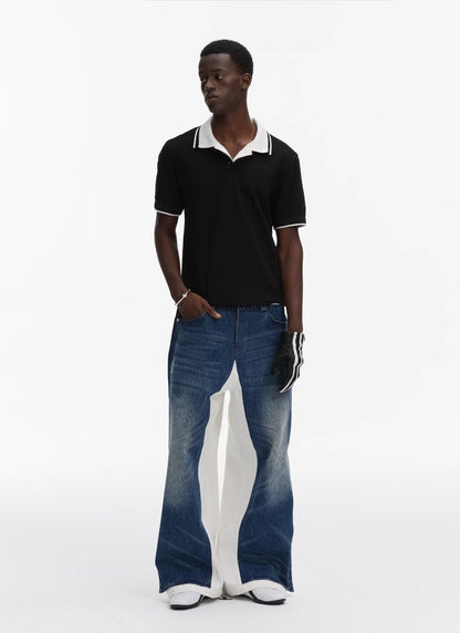 Double Layer Blue Denim Spliced White Loose Straight Pants [ID:0542PA]