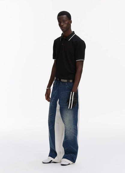 Double Layer Blue Denim Spliced White Loose Straight Pants [ID:0542PA]
