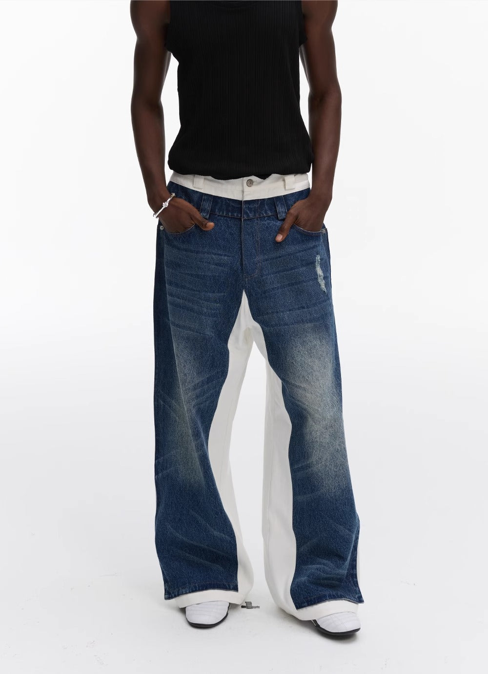 Double Layer Blue Denim Spliced White Loose Straight Pants [ID:0542PA]