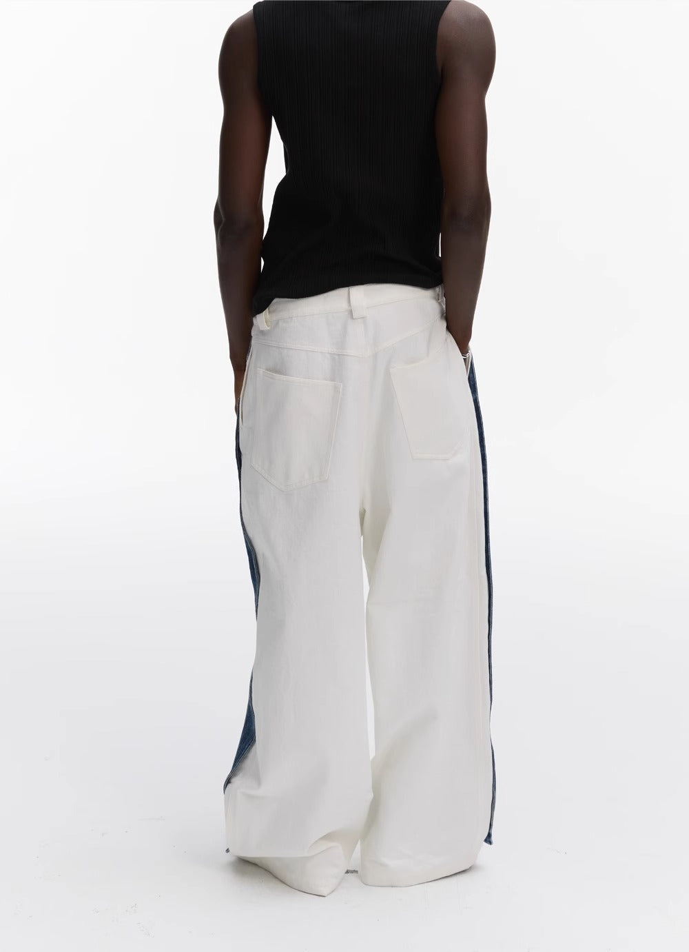 Double Layer Blue Denim Spliced White Loose Straight Pants [ID:0542PA]