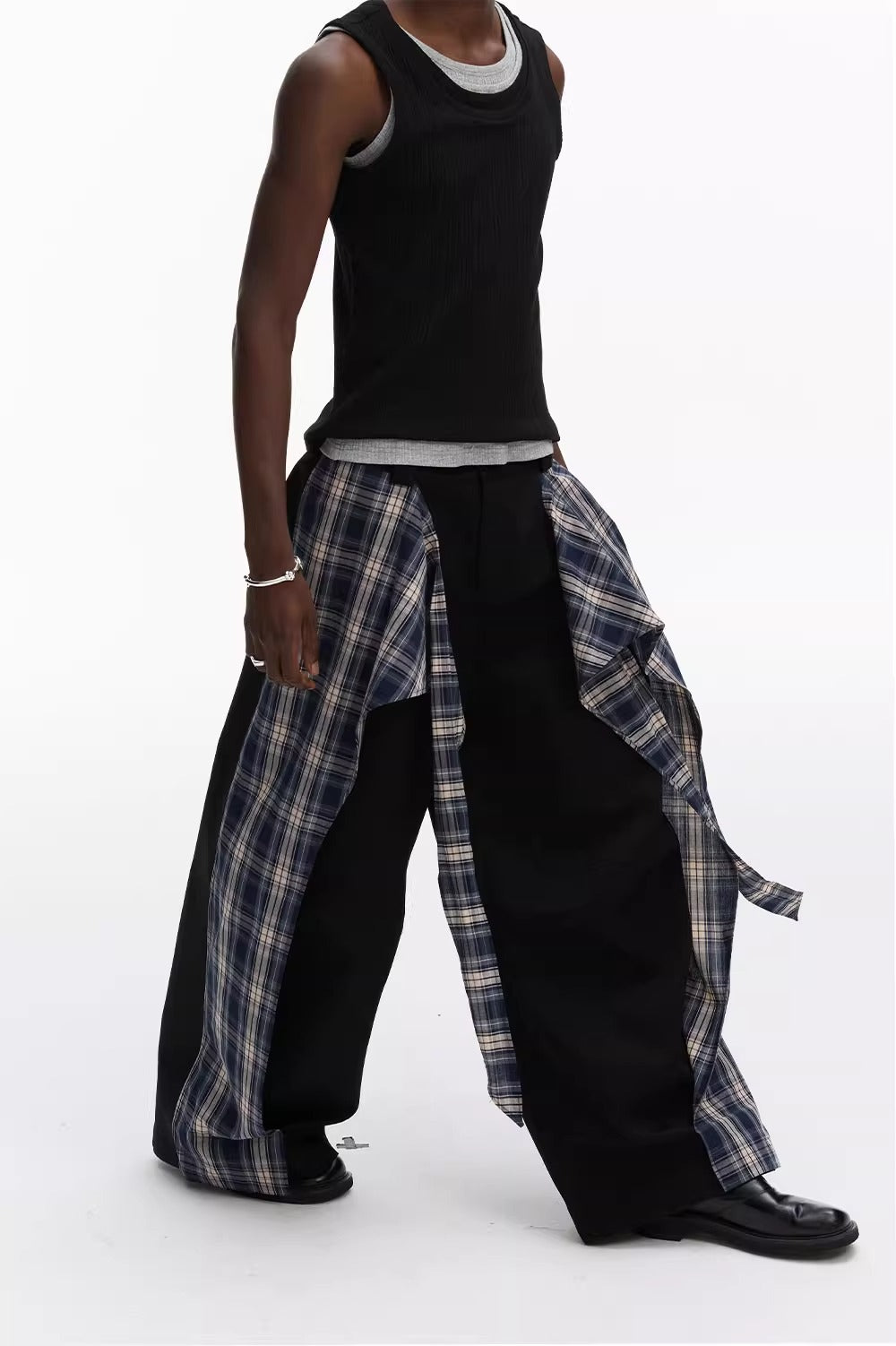 Layered Plaid Strap Spliced Loose Straight Sweat Pants [ID:0543PA]