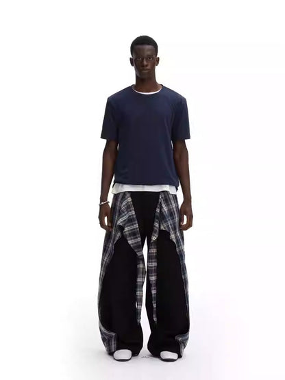 Layered Plaid Strap Spliced Loose Straight Sweat Pants [ID:0543PA]