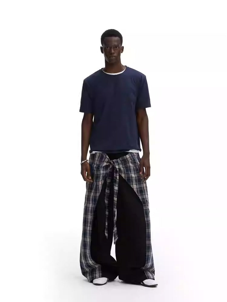 Layered Plaid Strap Spliced Loose Straight Sweat Pants [ID:0543PA]