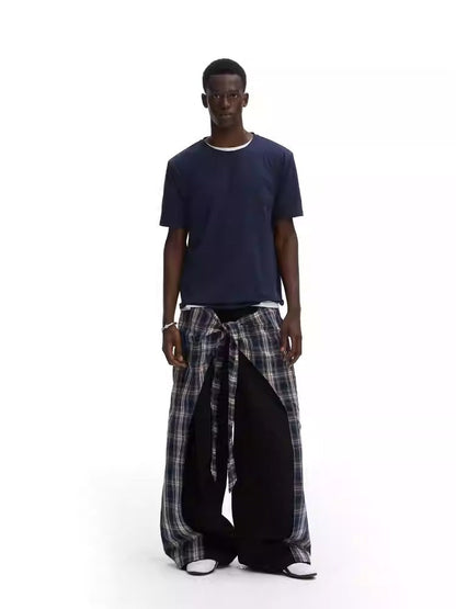 Layered Plaid Strap Spliced Loose Straight Sweat Pants [ID:0543PA]