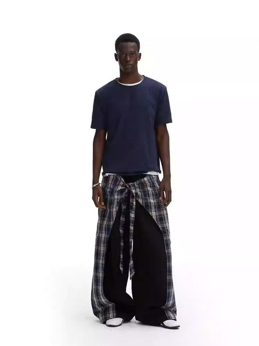Layered Plaid Strap Spliced Loose Straight Sweat Pants [ID:0543PA]