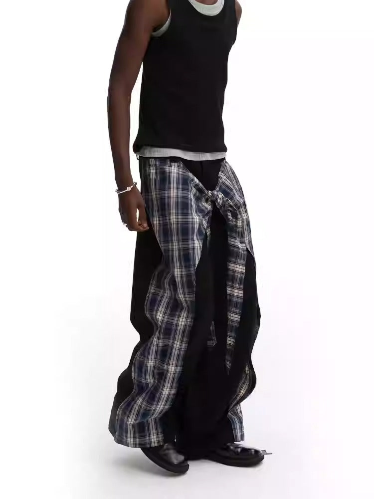 Layered Plaid Strap Spliced Loose Straight Sweat Pants [ID:0543PA]